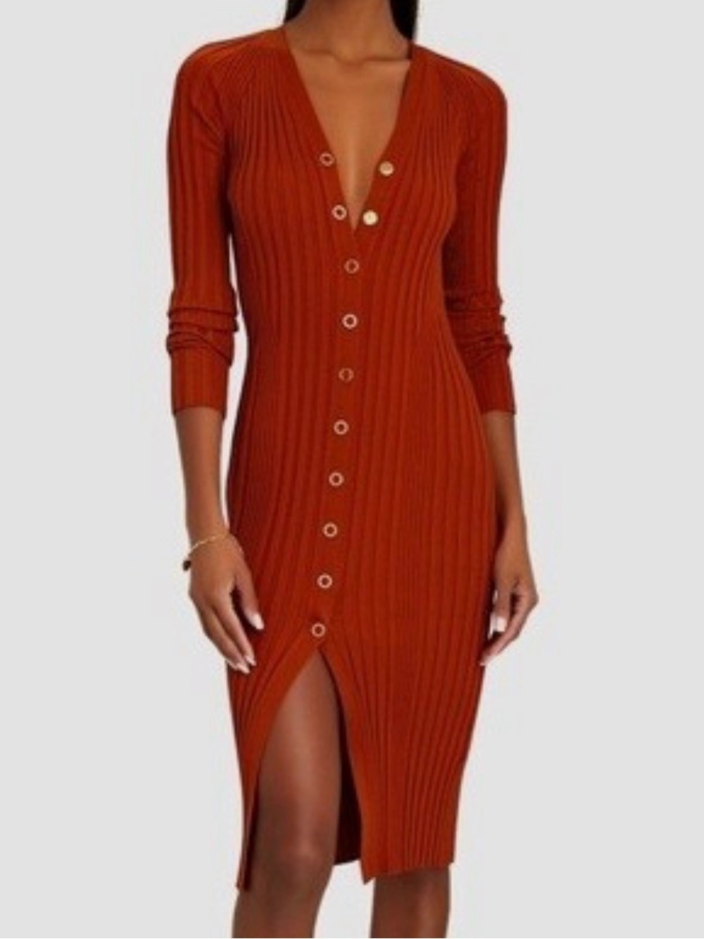 NWT Merino Wool Dion Lee Bodycon Orange Ribbed Button Long Sleeve Midi Dress L